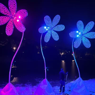 Photo des marguerites lumineuses installées à Crans Montana avec deux couleurs distinctes